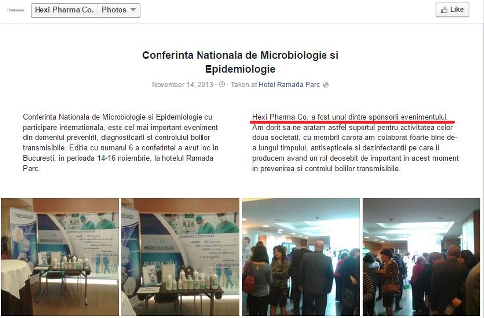 În 2013, Conferința Națională de Microbiologie și Epidemiologie, organizată de Societatea Română de Microbiologie, a fost sponsorizată de Hexi Pharma. Azi, președintele societății, Alexandru Rafila, e indicat drept coordonatorul controlului Ministerului Sănătății